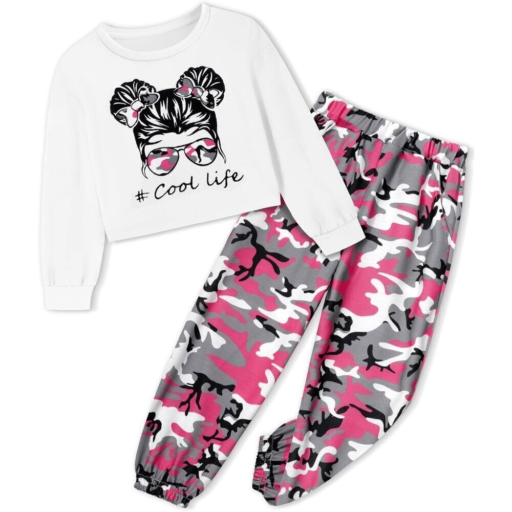 Girl Outfits Long Sleeve Printed Crop Tops + Camouflage Pants 2pcs Fall Winter C